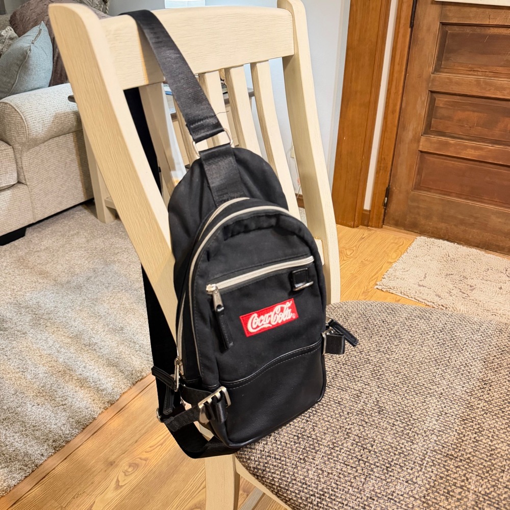 Coca-Cola Black Sling Bag Crossbody Backpack Embroidered Logo - Picture 3 of 13